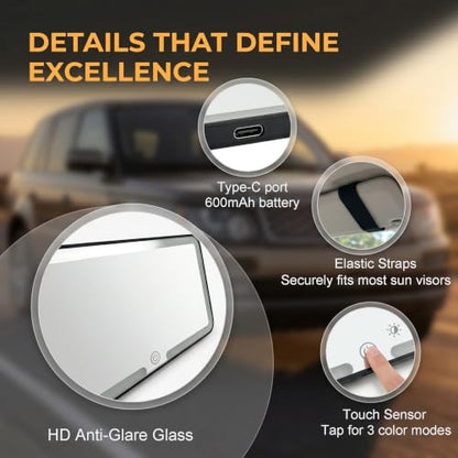 Car Sun Visor Vanity Mirror, Slim Makeup Mirror with Adjustable Straps