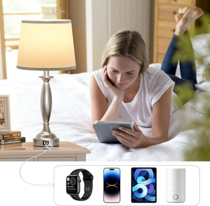 Bedroom Lamps for Nightstand, 3 Way Dimmable Silver Bedside Lamps with USB - color: A. Grey Shade & Nickel Base, size: Medium（22.5 In）