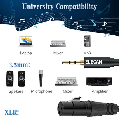 Elecan 3.5mm (1/8 Inch) TRS Aux Male to XLR Female Cable 8 Ft, Balanced Professional Shielded Stereo Microphone Cable Cord, Gold Plated for DSLR Camera Mixer Headphones with 3.5 to 6.35mm Adapter+Ties - size: 8FT, style: 3.5mm to XLR Female