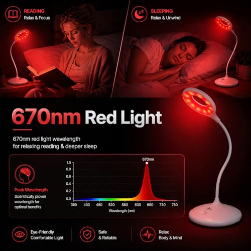Desk Lamp with 670nm Red Light Therapy for Reading Sleep Bedroom
