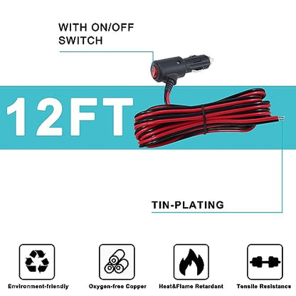 12V 12Volt Fused Replacement Cigarette Lighter Male Plug with On Off Switch - 12FT 12Volt 15amp Male Cigarette Lighter Plug with Bare Wire,12V Cooler Cigarette Plug Replacement with Led Lights - size: 12FT