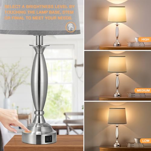 Bedroom Lamps for Nightstand, 3 Way Dimmable Silver Bedside Lamps with USB - color: A. Grey Shade & Nickel Base, size: Medium（22.5 In）