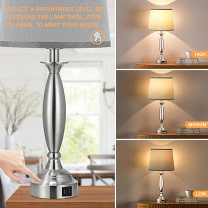 Bedroom Lamps for Nightstand, 3 Way Dimmable Silver Bedside Lamps with USB - color: A. Grey Shade & Nickel Base, size: Medium（22.5 In）