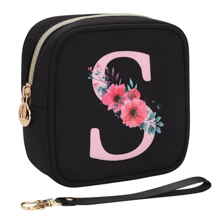 Relavel Initial Mini Makeup Bag for Girls, Small Makeup Bag for Purse with Zipper ＆ Removable Handle, Portable Makeup Pouch Lipstick Skincare Bag, Small Gift Cosmetic Bags for Women Girls(Black S) - size: A-Small, style: S