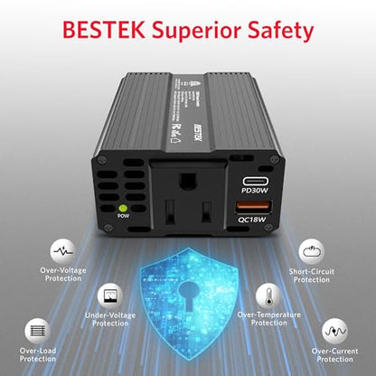 BESTEK Power Inverter DC 12V to AC 110V - 200W Car Plug Adapter Outlet PD 30W USB-C & QC18W USB-A Fast Charging Port - Car Charger Cigarette Lighter Adapter for Phone, Laptop - ETL FCC Certified - color: Matt Black