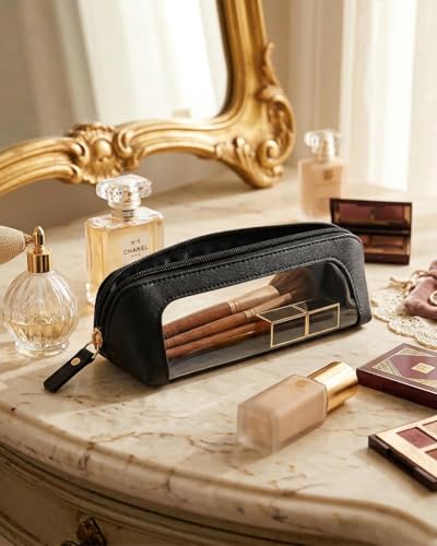 LETGO Clear Makeup Bag Travel Toiletry Bag for Women,Small Cosmetic Bags Cute Clear PVC Makeup Pouch for Purse Waterproof Comestic Zipper Bag Pencil Case Accessory Bag (Slim, Black) - color: Black, style: Slim