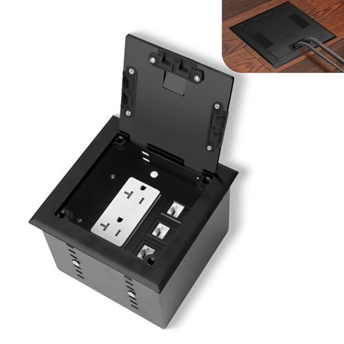 Recessed Flat Hidden Socket Kit with 20 Amp Stainless Steel TR Receptacle Outlet Stainless+3-Port RJ45 Datacom Receptacle.Internal Height Adjustable，Corrosive Resistant Hardware，Black - color: Black, size: 20A TR Outlet