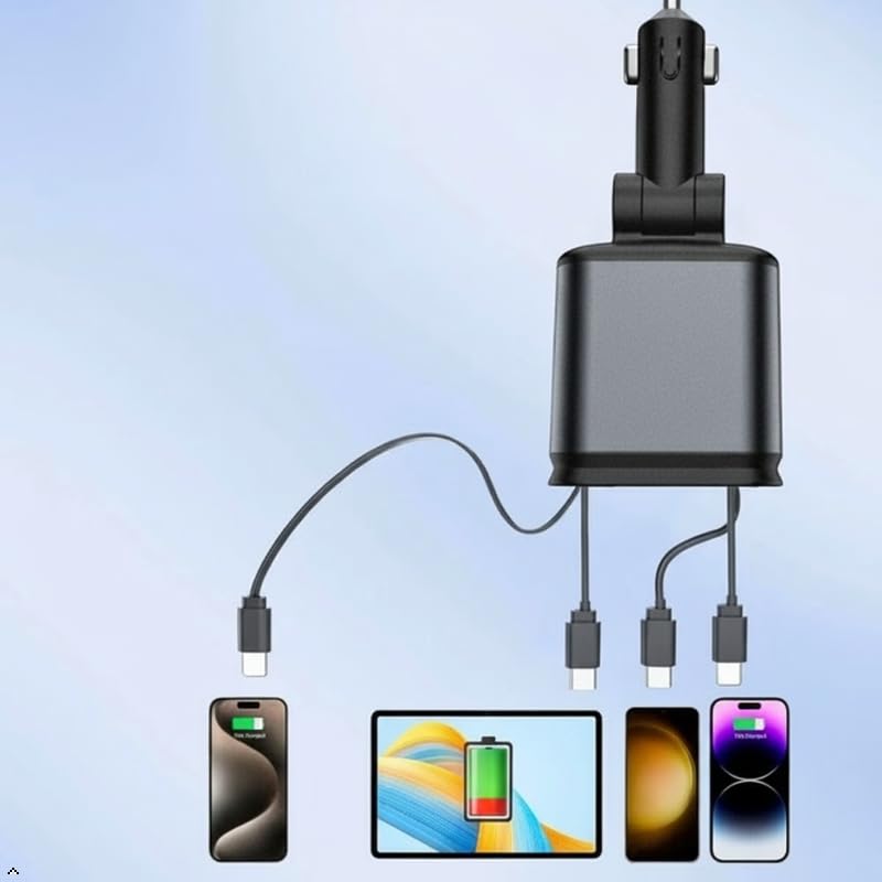 Retractable Fast Car Charger Adapter for Cell Phone USBC 4 in 1 Port Super Fast Charger Retractable USB C Cable Dual Extension Cord Ports Car Cigarette Lighter Adapter Cargador de Carro Carga Rapida
