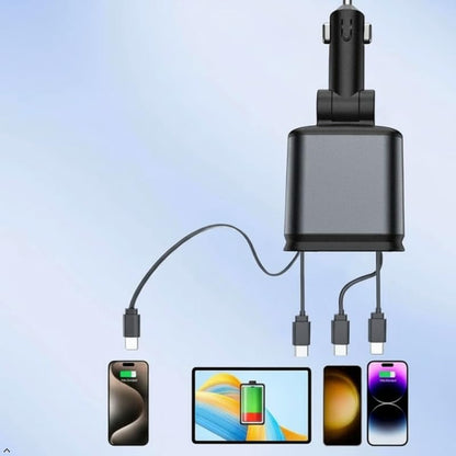 Retractable Fast Car Charger Adapter for Cell Phone USBC 4 in 1 Port Super Fast Charger Retractable USB C Cable Dual Extension Cord Ports Car Cigarette Lighter Adapter Cargador de Carro Carga Rapida