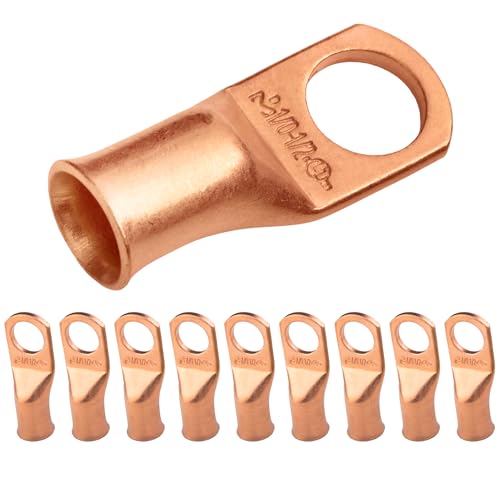 SELTERM 10pcs 1/0 AWG, 1/2" Stud Heavy Duty Bare Copper Battery Cable Lugs - color: Bare Copper Lugs, size: 1/0 Awg - 1/2" (M12) Ring