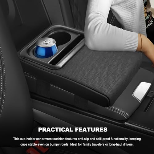 Sun Walker Car Middle Console Cover with Cup Holder, 3.1" Height-Lifts Comfortable Leather Armrest Pad for Long Driving, Scratch-Resistant Center Console Cushion for SUV Truck Sedan (Style A) - color: Style A
