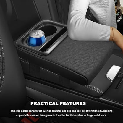Sun Walker Car Middle Console Cover with Cup Holder, 3.1" Height-Lifts Comfortable Leather Armrest Pad for Long Driving, Scratch-Resistant Center Console Cushion for SUV Truck Sedan (Style A) - color: Style A