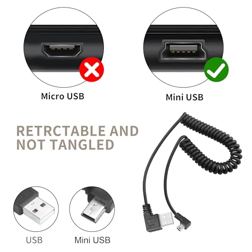 YACSEJAO Coiled Mini USB Cable 90 Degree, USB Type A to Mini B Male Data Sync & Charge Spiral Cable for Printers, Cameras, Mouse, Cell Phone (Dual Left)