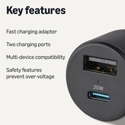 Amazon Basics USB-C Car Charger, 32W Fast Charging Automobile Cell Phone Adapter, Dual-Port (20W USB-C + 12W USB-A) with 3-Ft Cable, Compatible with iPhone, Samsung, iPad & MacBook Air, Black - size: 32W, style: USB A+USB C (with USB C cable)