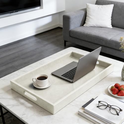 25 x 18 inches Leather Ottoman Serving Tray with Hole Handles, Rectangle Large Modern Service Tray for Living Room, Coffee Table, Bed, Tea, Food, Butler Countertop, Kitchen, Dinner, Picnic (White) - color: White, size: 25" x 18" x 2"