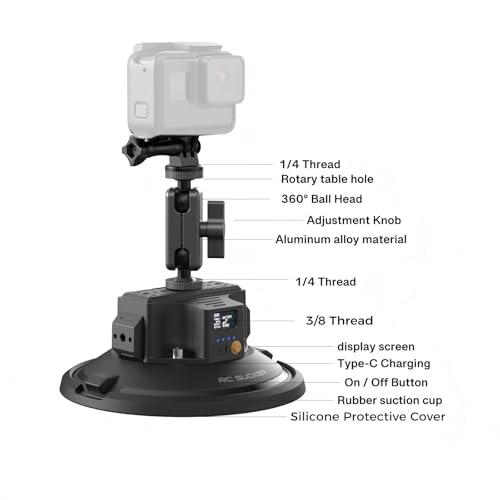 6" Electric Camera Suction Cup Mount with Ball Head Arm & Adapter, Heavy-Duty Metal Car Mount for Camera/Action Camera/Phone, 50KG Suction for Car Windshield/Boat/Window, 1/4" 3/8" Threads - size: 6 Inch