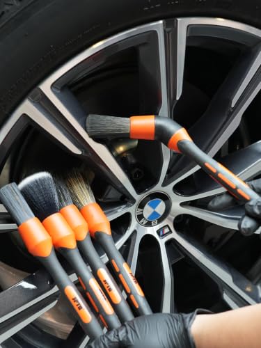 SPTA Car Detailing Brush Set, 5 Pack Soft Boar Hair Auto Detail Brush Kit with Elbow for Automotive Elegant Surface Interior Exterior Dashboard Emblems Panels Engine Bay Wheels Air Vent Seat Leather - color: 5pcs Car Detailing Brush Set With Elbow