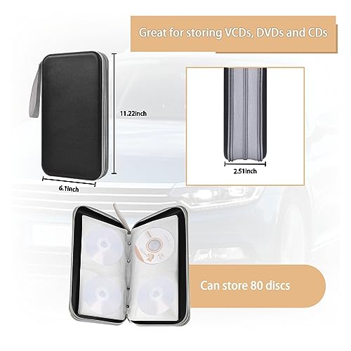 Augeny 80 Capacity Plastic CD Disc Storage Holder DVD Storage Wallet, Portable Zippered Vehicle CD Case Holder Organizer for Home, Car, Office, Travel (Black) - color: Black