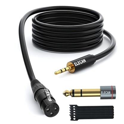 Elecan 3.5mm (1/8 Inch) TRS Aux Male to XLR Female Cable 15 Ft, Balanced Professional Shielded Stereo Microphone Cable Cord,Gold Plated for DSLR Camera Mixer Headphones with 3.5 to 6.35mm Adapter+Ties - size: 15FT, style: 3.5mm to XLR Female