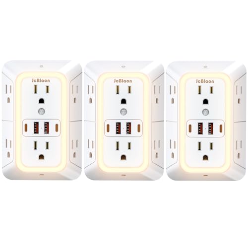 3 Pack Outlet Extender with Night Light, 6 Outlet Surge Protector Extender with 4 USB Ports (2 USB C), 3-Sided 1050J Multi Plug Wall Outlet for Home Office Dorm Room-ETL - color: White-3Pcs