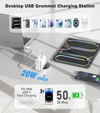 Recessed Power Strip-2 Pack Desk Grommet Power Strip, 2.5 inch Desktop with 20W Fast Charging USB-C Port (Black, 10FT) - color: Black, size: 10FT-2PS