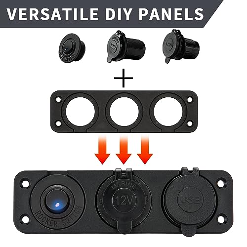 Cigarette Lighter Panel for Car Marine Motorcycle ATV RV - ABS Panel with Rocker Toggle Switch, LED Lighted, 12V Waterproof Plug, USB Charger Socket(3 Way)