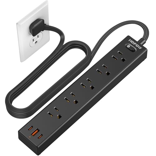6FT Surge Protector Power Strip, 1700J, 5AC&1A2C, Flat Plug Extension Cord - color: Black, size: 6 Ft