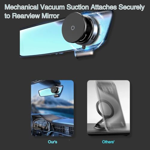 Magnetic Vaccum Car Phone Holder, Enlarged Suction Cup for Smooth Surfaces (Dashboard/Mirror/Glass), Adjustable Car Mount Stand with Metal Ring for iPhone 12-16&Other Phones, Hands-Free, Black