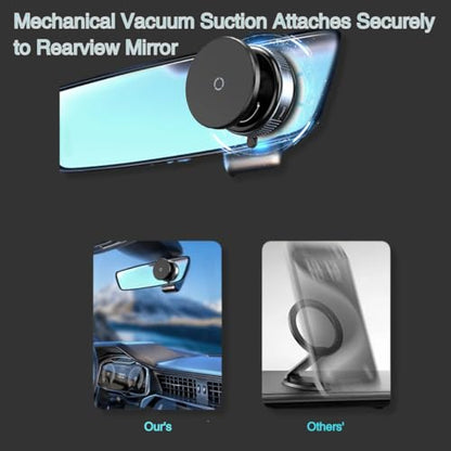 Magnetic Vaccum Car Phone Holder, Enlarged Suction Cup for Smooth Surfaces (Dashboard/Mirror/Glass), Adjustable Car Mount Stand with Metal Ring for iPhone 12-16&Other Phones, Hands-Free, Black