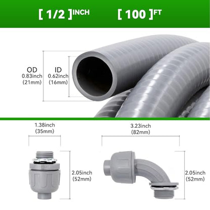 100 Foot Liquid-Tight Conduit Kit - 1/2inch Flexible Non Metallic Liquid Tight Electrical Conduit and 6 Straight and 5 Angle Fittings Included. 1/2" Dia - size: 100FT