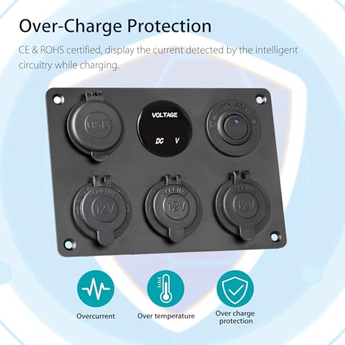 Linkstyle 6 in 1 Charger Socket Panel, 3 Cigarette Lighter Splitter with Dual USB Charger Ports & LED Voltmeter & Rocker Switch for 12V/24V Car RV Boat - color: 6 in 1 Charger Socket Panel