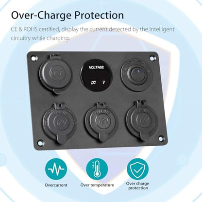 Linkstyle 6 in 1 Charger Socket Panel, 3 Cigarette Lighter Splitter with Dual USB Charger Ports & LED Voltmeter & Rocker Switch for 12V/24V Car RV Boat - color: 6 in 1 Charger Socket Panel