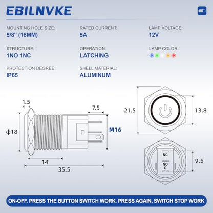 16mm Latching Push Button Switch 5A 12V Power Symbol LED Ring SPDT - color: Silver Shell-White