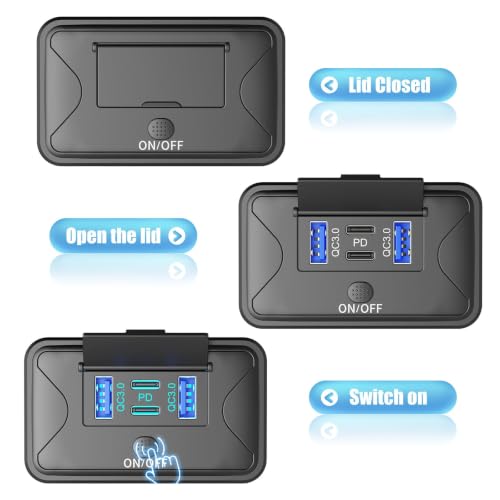 78W 4 Port 12V USB Outlet Charger Socket, Dual 36W PD + Dual 18W QC3.0 Wall Surface Mount Charging Panel with Button Switch for RV Truck Bus Marine Golf Cart