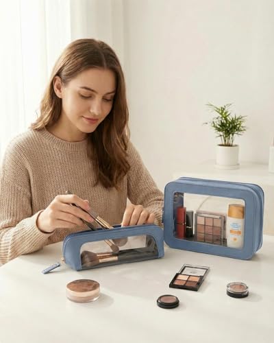 Clear Makeup Bag Set of 2,Pencil Case for Boys,Cute Travel Toiletry Bag - color: Blue, style: 2pack-standard&slim