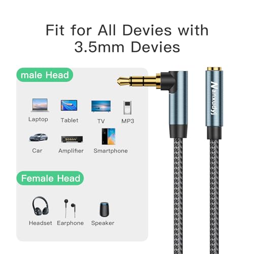 3.5mm Headphone Extension Cord 12ft,3.5mm Male to Female Stereo Audio Extension Cable/90 Degree Right Angle Aux Cable for Smartphones, Tablets, Media Players - size: 12 ft