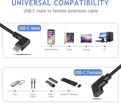 GINTOOYUN USB C Extension Cable, Right Angle Male to Female, 0.3m, Black, Supports PD60W Fast Charging, Compatible with Laptops, Tablets, Mobile Phones