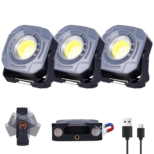 KunHe 3 Pack 4000mAh 840 Lumens Magnetic Rechargeable Work Light Stepless Dimming Magnetic Car Light Mechanic 32 Hours Long Runtime Magnetic Shop Light 330° Rotatable Portable Lamp with Hook