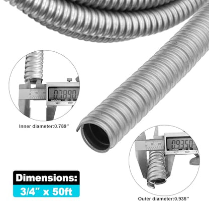 3/4 inch x50ft Flexible Electrical Conduit - Galvanized Steel Greenfield Flex Metal Conduit for Exposed Wiring, AC Connections & Industrial Cable Protection - size: 3/4 inch x50ft
