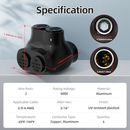 DaierTek Insulated Multi Tap Connector, 2/0-6 AWG Wire Connectors, 2 Ports Dual Side Entry Aluminum to Copper Wire Connectors with Slotted Allen Hex, Electrical Connectors, Wire Tap, 5 Pack - size: Dual Side 2/0-6 AWG-5PCS