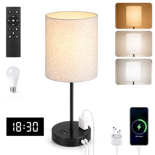 BySea Dimmable Bedside Table Lamp with Clock, Remote, USB & Outlet, Black - color: Matte Black