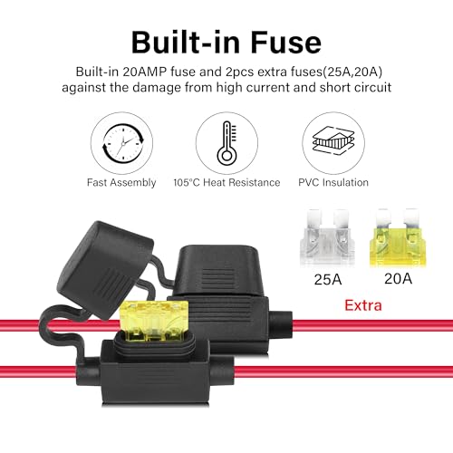 12V Car Cigarette Lighter to O Ring Terminal，14AWG Cigarette Lighter Female Socket to 8mm (0.3inch) Terminal Ring Harness, with 20A Fuse（2M/6FT）