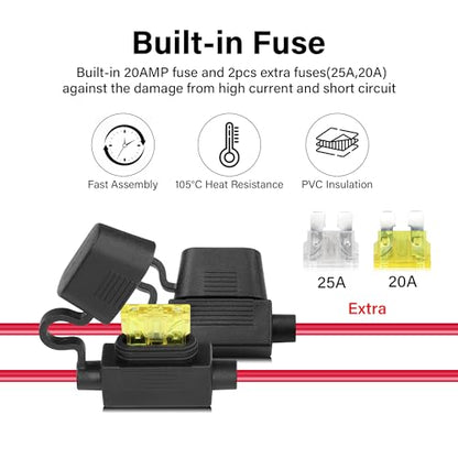 12V Car Cigarette Lighter to O Ring Terminal，14AWG Cigarette Lighter Female Socket to 8mm (0.3inch) Terminal Ring Harness, with 20A Fuse（2M/6FT）