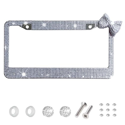 Wanheart 1 Pack White Bling License Plate Frame with White Corner Bow - color: White Frame + White Bow