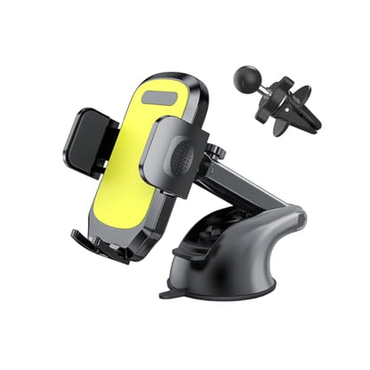 Car Phone Holder, 360° Adjustable Suction Cup Stable Vehicle Dashboard Cell Phone Mount with Air Vent Clamp, Hands Free Automotive Windshield Smartphone Holder, Universal Fit (Yellow) - color: Yellow