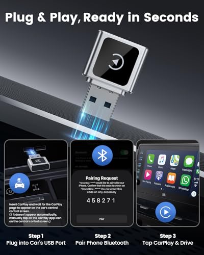 Wireless Carplay Adapter for Apple iPhone, Converts Wired to Wireless Mini CarPlay Kit with USB-C to USB-A Adapter for Cars from 2016 and iOS 10+ (Silver)