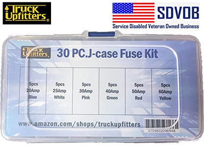 Truck Upfitters 30pcs Automotive Fuses Assortment Kit | Low Profile Auto Fuses for Pickup Trucks, Cars, SUVs | J Case Box Shaped Car Fuse Kit | 20A, 25A, 30A, 40A, 50A, 60 Amp Fuse (5 Each)