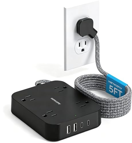 5 Ft Braided Extension Cord, Ultra-Thin Flat Plug, 4 Widely Spaced Outlets - color: Black, size: 5 Ft