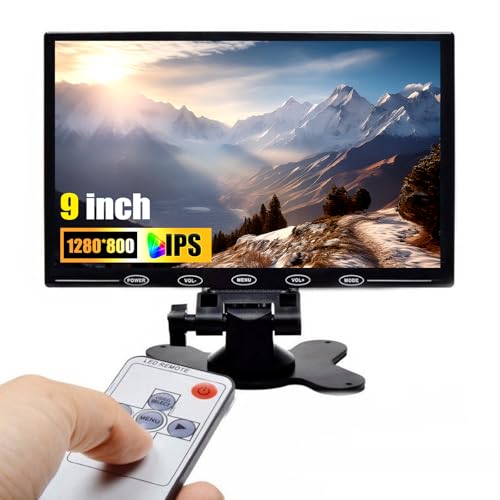 CAMECHO 9 Inch LCD Monitor HD Color Screen, 2 Video Input/HDMI/VGA, Support Car Backup, Mini PC Display, CCTV, Home Security, with Remote Control
