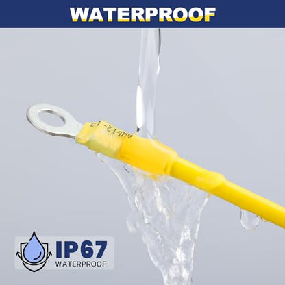 haisstronica 100PCS Heat Shrink Ring Terminals, 12-10 AWG, 3/8 in, Yellow - color: Yellow, size: Ring 3/8"
